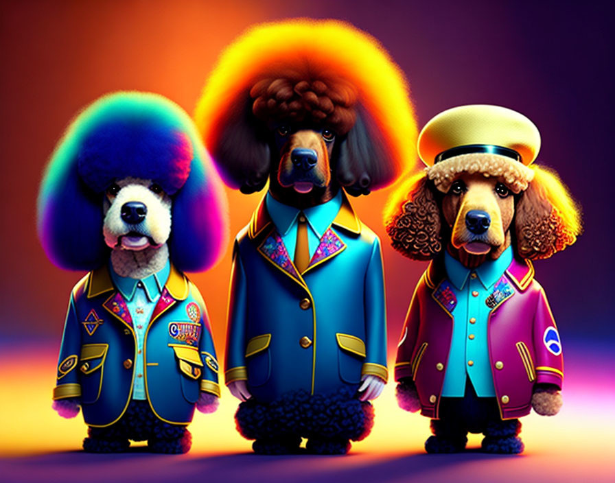 Colorful Cartoon Poodles in Retro Military Jackets on Purple Background