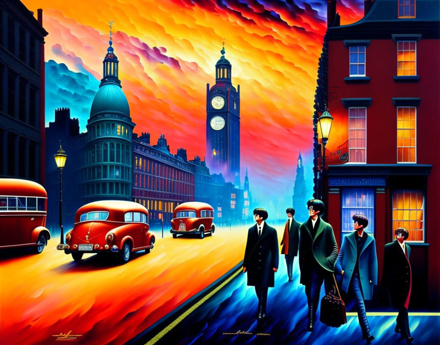 Vibrant London street scene with vintage cars and iconic buildings under sunset sky