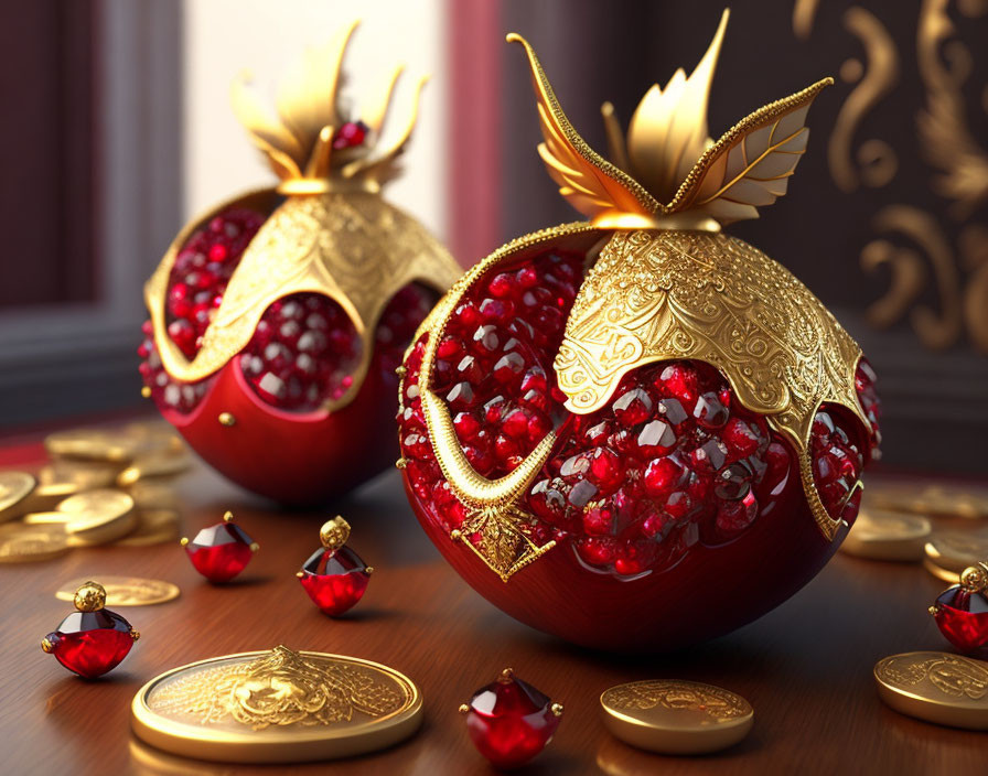 Ornate Ruby-Encrusted Golden Crowns with Gems and Coins on Wood