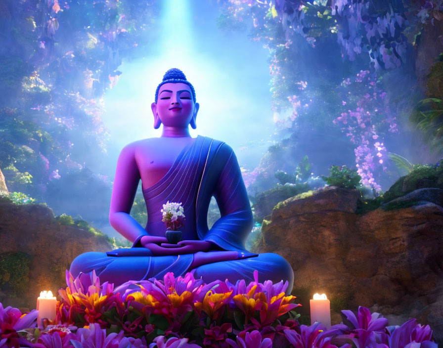 Tranquil Buddha statue in serene forest setting with lotuses and candles