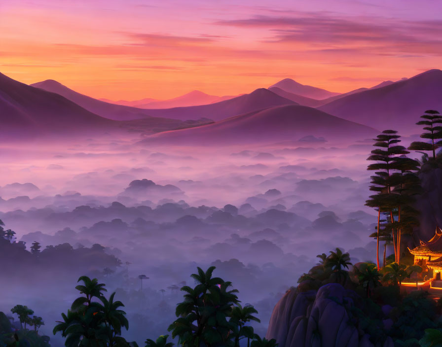 Purple Landscape with Pagoda and Sunset Sky in Misty Valleys