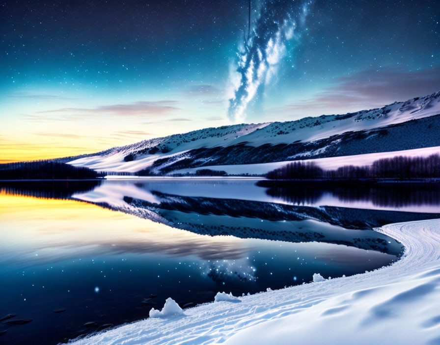 Tranquil winter night scene: starry sky, reflective lake, snow-covered slopes.