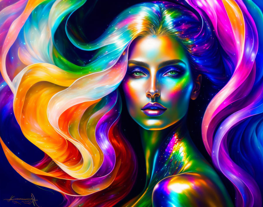 Colorful digital artwork: Woman with flowing hair and striking makeup on dark background