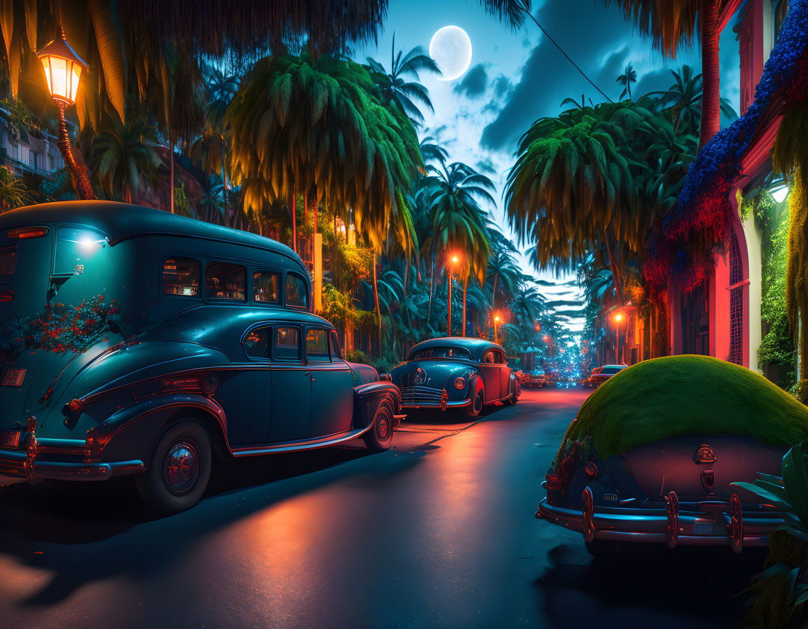 Classic cars parked on palm-lined street under twilight sky, with streetlamps and full moon.