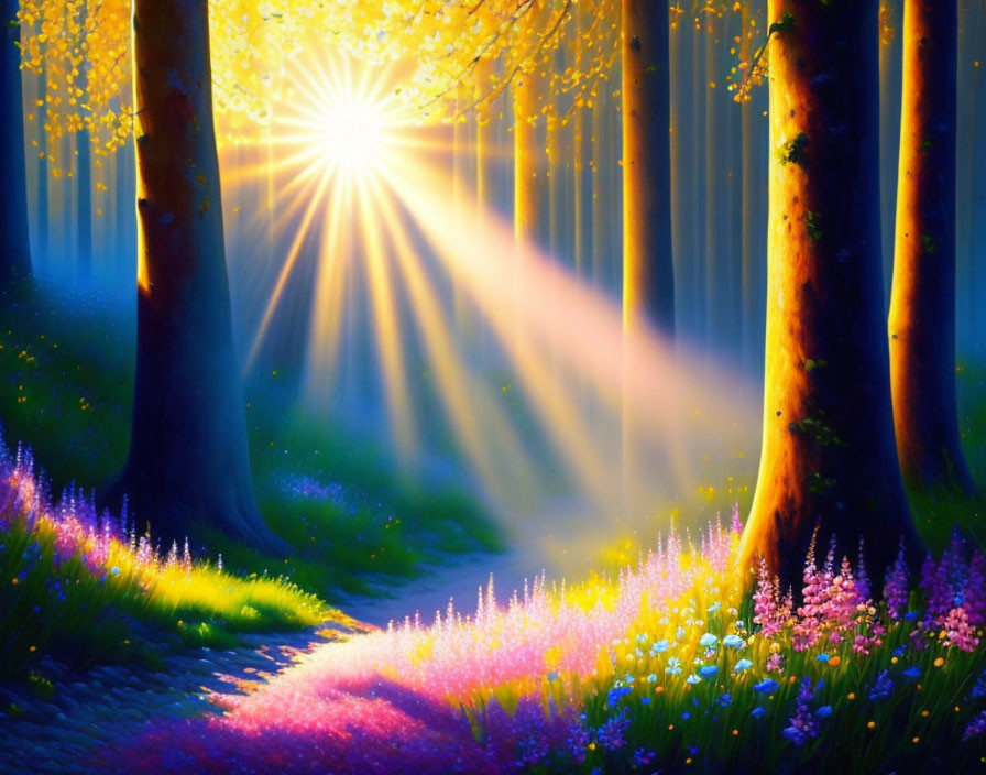 Vibrant forest with colorful flowers and trees illuminated by sunlight