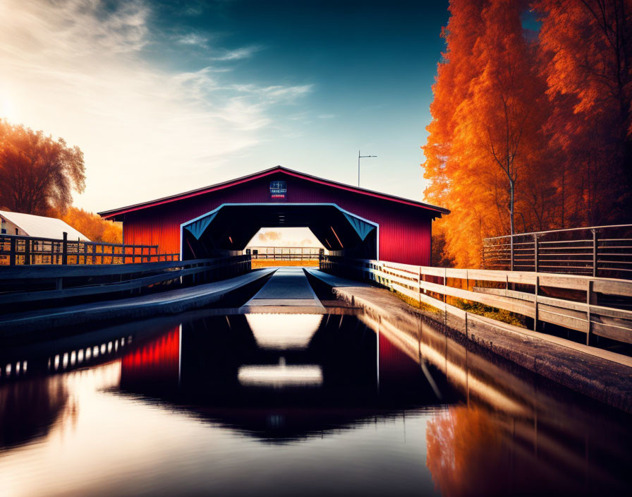 Scenic red covered bridge over calm river in autumn landscape