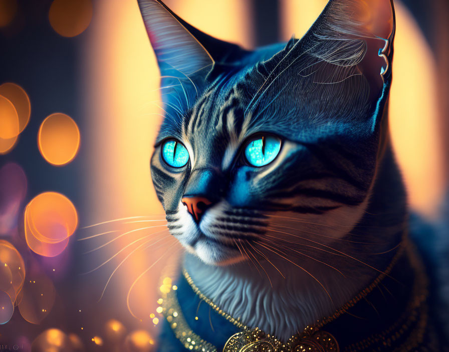 Regal cat with blue eyes and gold necklace in colorful digital art