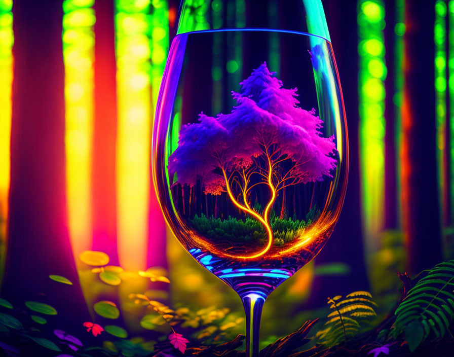 Colorful Artistic Rendition of Glowing Tree in Wine Glass