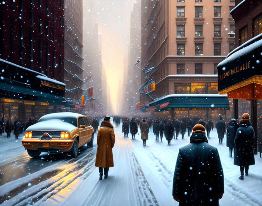 Snowy winter city street at dusk with pedestrians, taxi, and illuminated buildings.