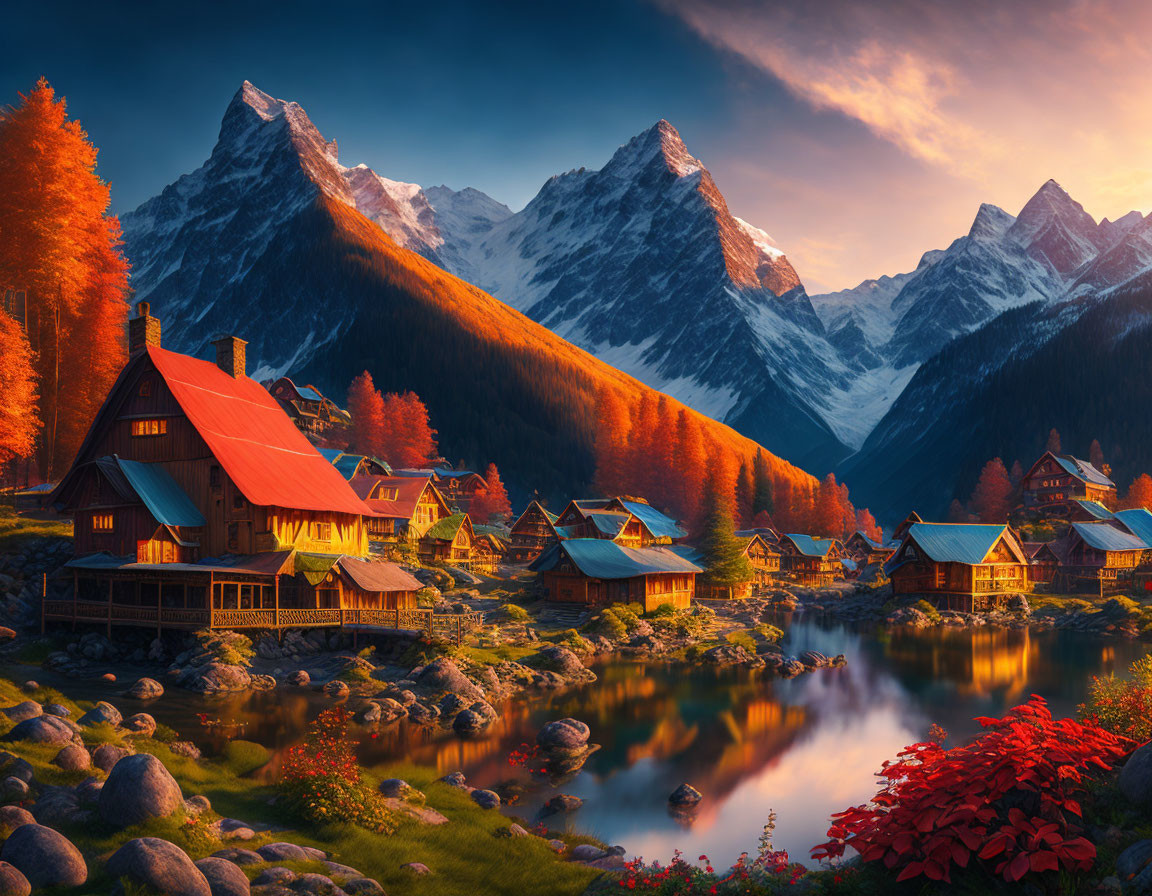 Autumnal mountain village by serene lake and snow-capped peaks