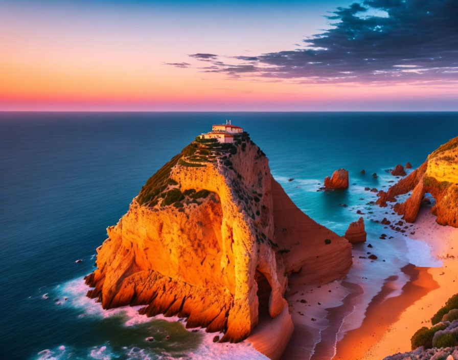 Vibrant coastal sunset with lighthouse on rugged cliff