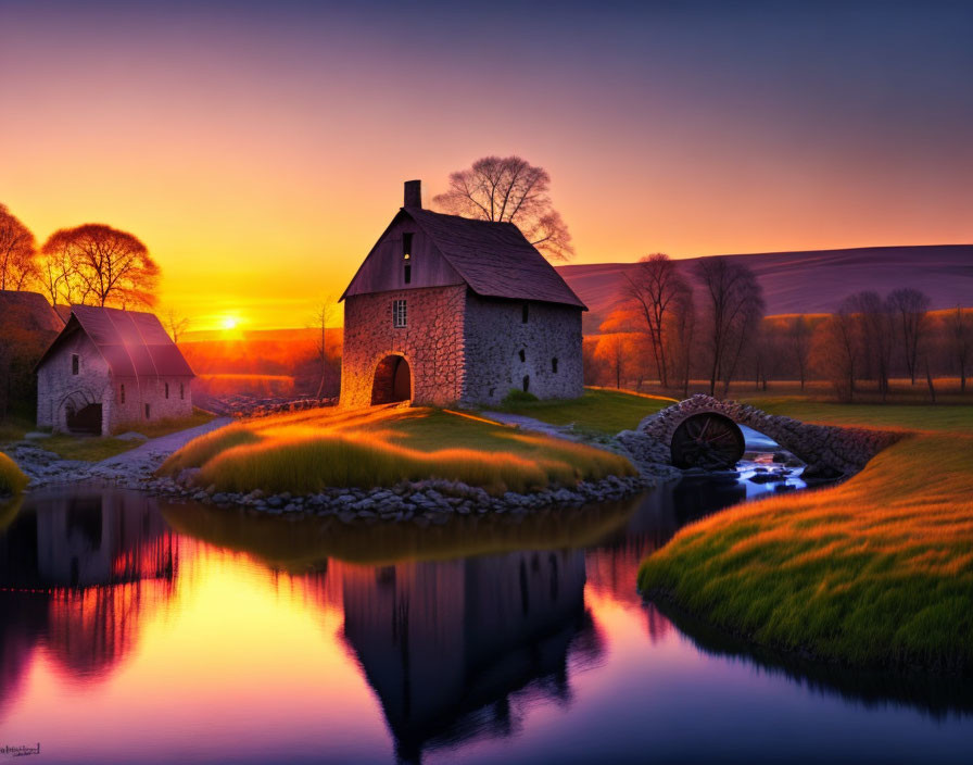 Riverside stone house with waterwheel at sunrise