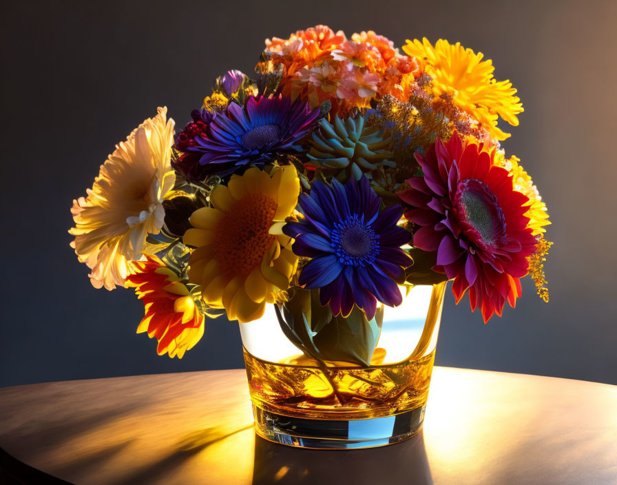 Colorful Flower Bouquet in Glass Vase with Warm Light on Dark Background