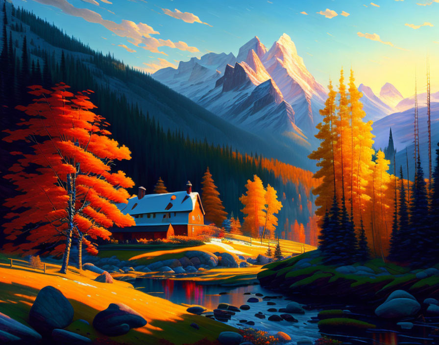 Scenic autumn landscape with cozy cabin by pond, vivid trees, mountains