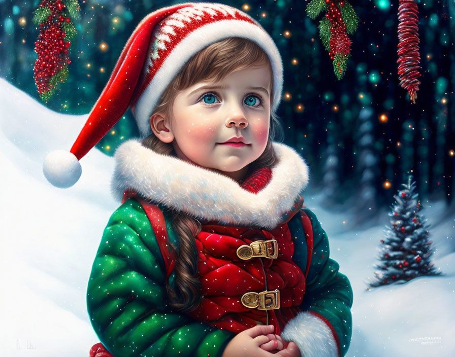 Young child in Santa hat and red coat on snowy background