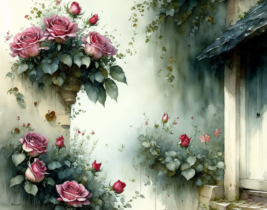 Pink Roses and Green Foliage by White Door with Blue Awning