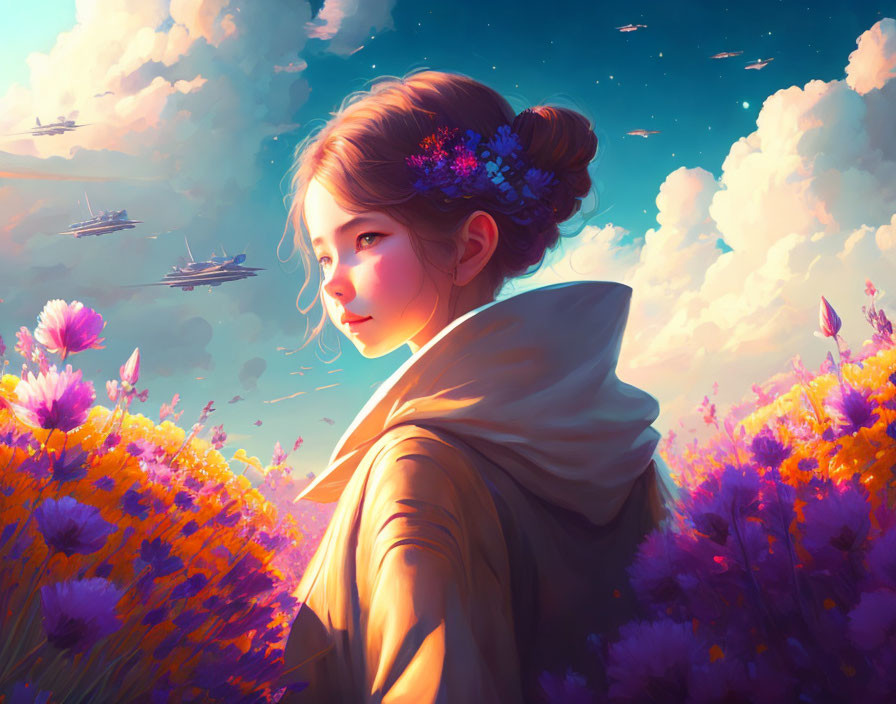 Girl with flowers in hair in purple flower field under cloudy sky with floating airships