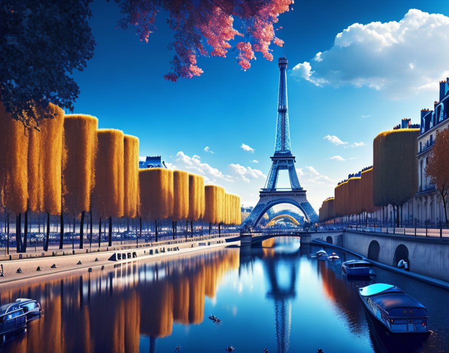 Iconic Eiffel Tower with autumn trees by Seine River