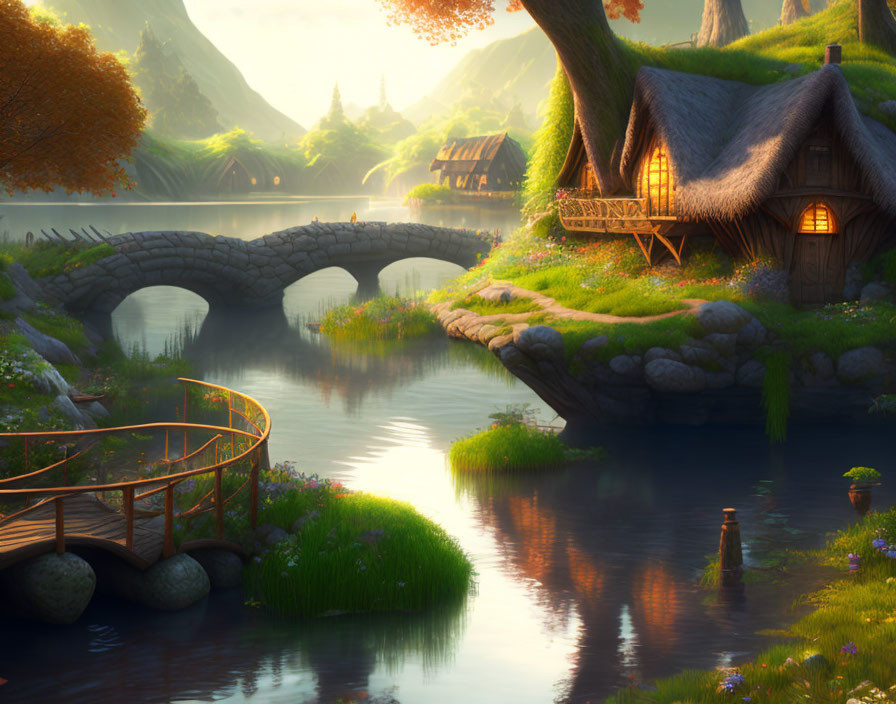 Thatched cottage by river with stone bridge, lush greenery, and soft sunlight in serene valley