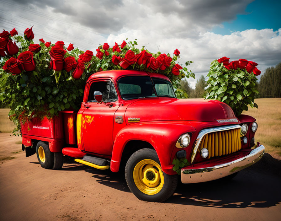 Vintage Red Truck with Yellow Wheels and Floral Decor on Rustic Road