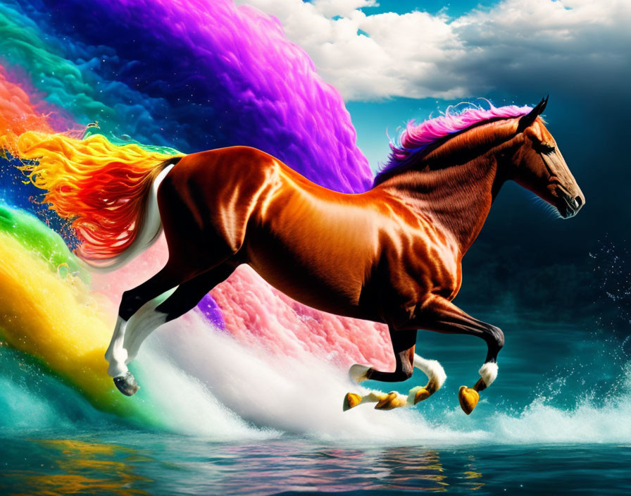 Digital Art: Horse with Fiery Mane Galloping on Water Surface