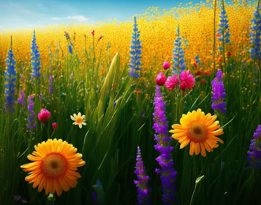 Colorful Flower Field with Yellow and Purple Blooms and Orange Gerbera Daisies