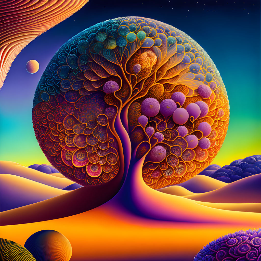 Colorful digital artwork: Stylized tree with intricate patterns in surreal landscape