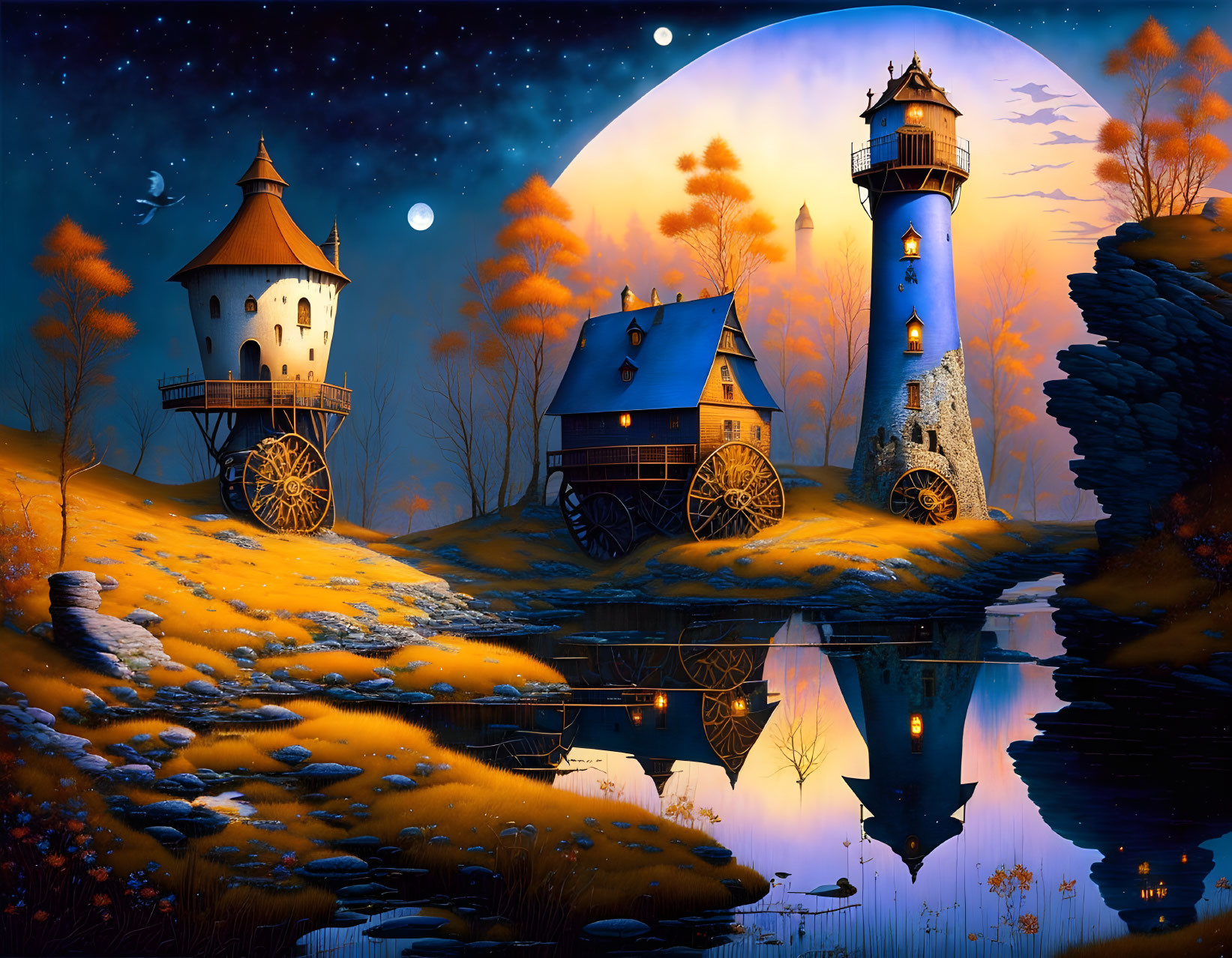 Fantasy landscape with watermill, lighthouse, full moon, autumn trees, and reflective river under