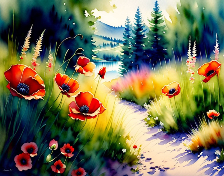 Colorful watercolor painting: Red poppies, green foliage, winding path, blue mountains, star