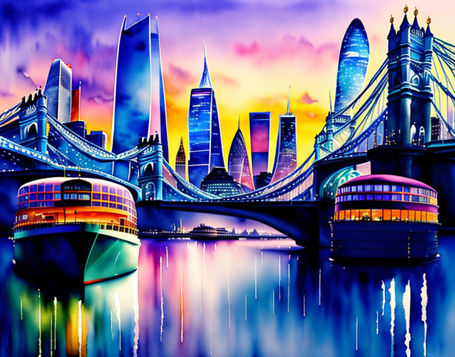 Futuristic cityscape illustration with skyscrapers and bridge at dusk