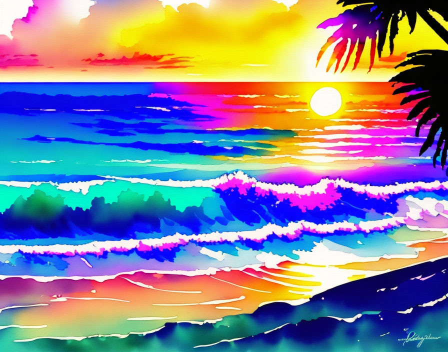 Colorful Tropical Beach Sunset Painting with Palm Trees and Waves