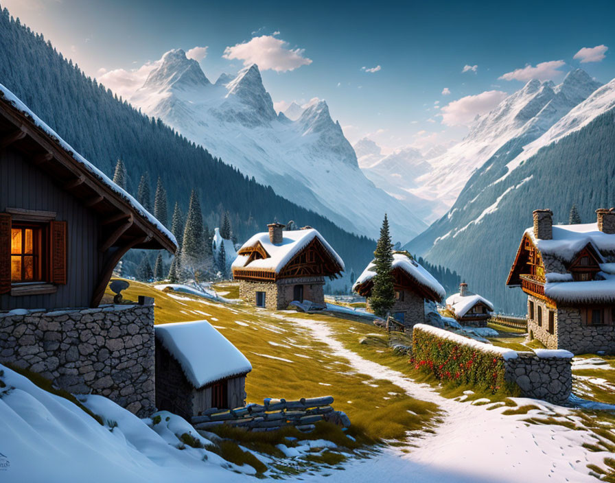 Snow-covered Alpine village at sunset with cozy houses and lush greenery against blue sky