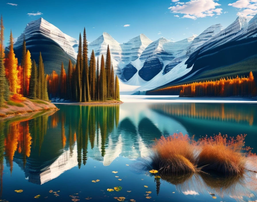 Serene lake with snow-capped mountains, autumn forest, and blue sky