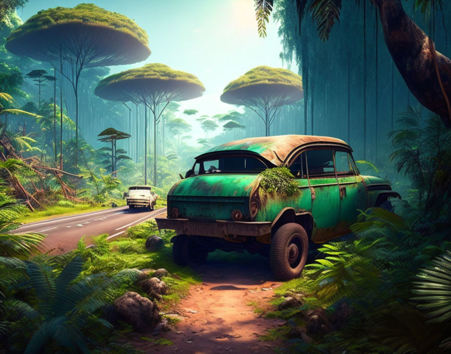 Overgrown jungle with towering mushrooms and abandoned rusting car in misty background