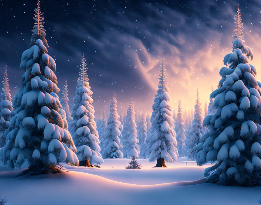 Snow-covered trees in serene winter night with starry sky