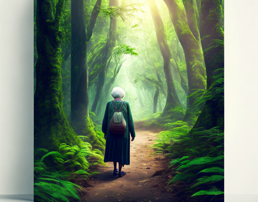 White-haired person walks forest path under misty canopy