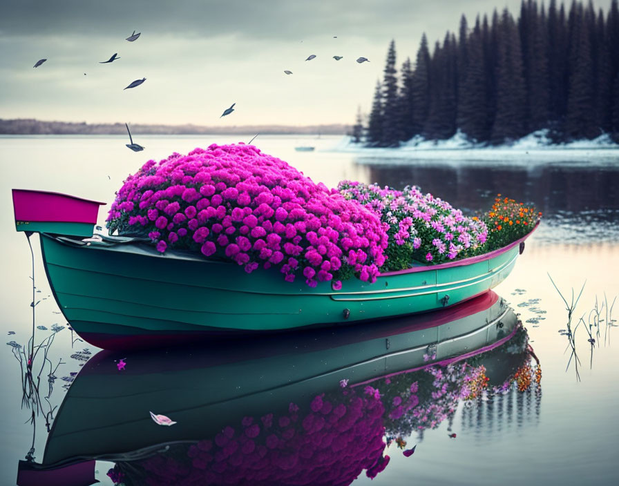 Purple flowers on vibrant boat in tranquil lake scene