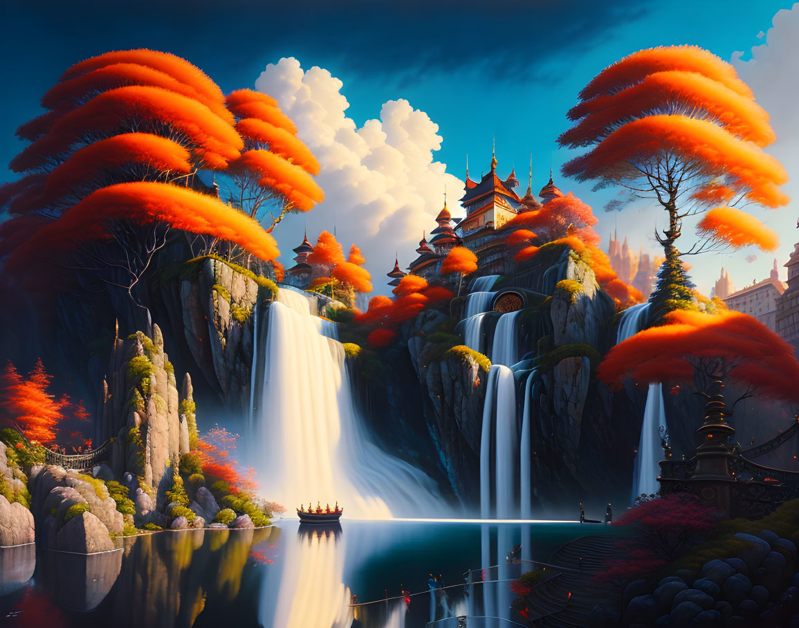 Vibrant orange trees, waterfalls, traditional buildings, and reflective lake in fantasy landscape