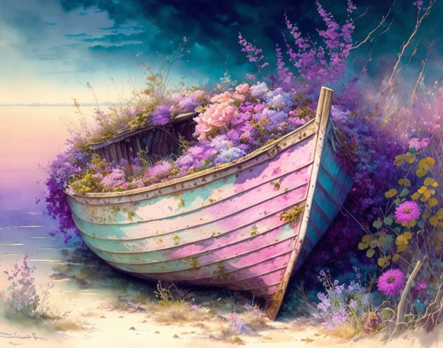 Pink and White Boat Filled with Blooming Flowers on Shore under Pastel Sky