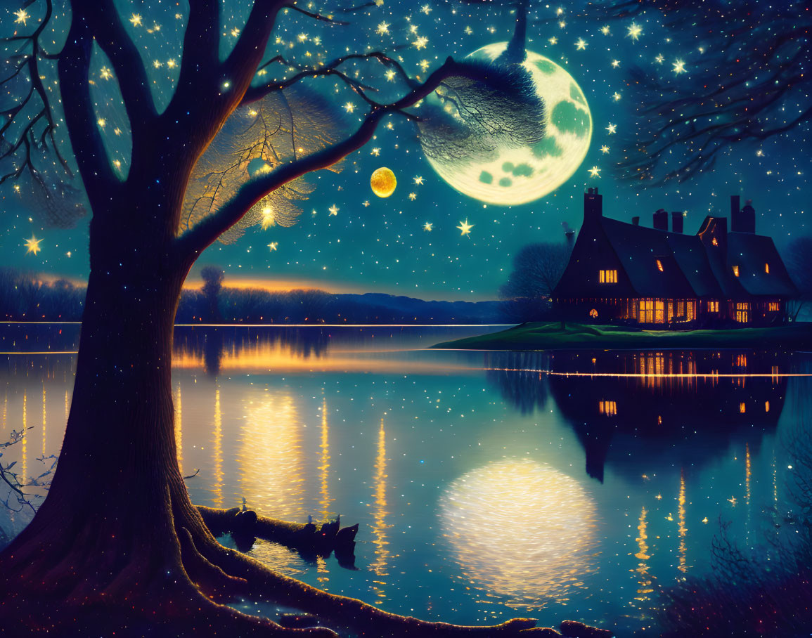 Tranquil night landscape with tree, moon, stars, lake, and lakeside house