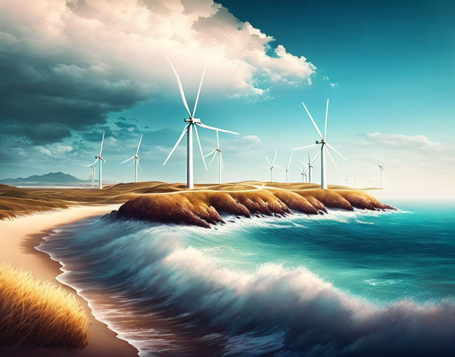 Coastal wind turbines on rolling hills beside turbulent sea