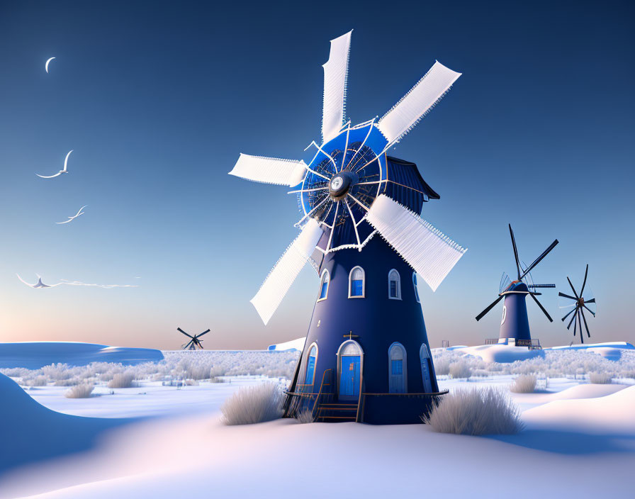 Twilight landscape with illuminated windmills in snowy fields