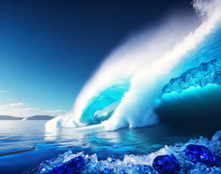 Blue ocean wave curling with blue rocks under clear sky