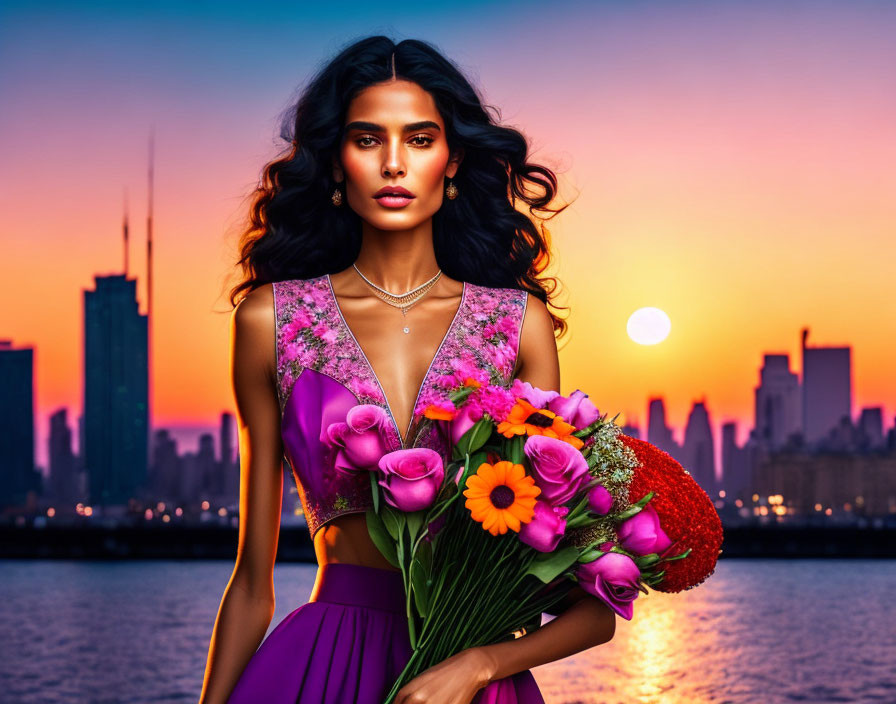 Woman in Purple Dress with Bouquet Against City Skyline at Sunset