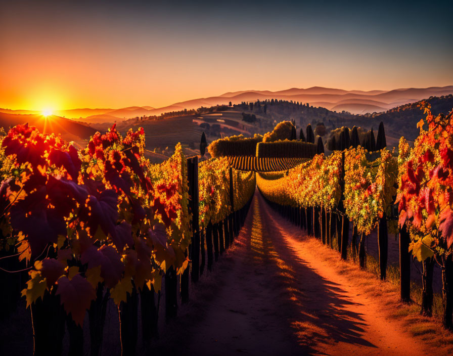 Sunset view of grapevine rows in a picturesque vineyard