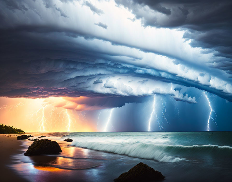 Stormy Seascape with Lightning Bolts and Serene Shoreline