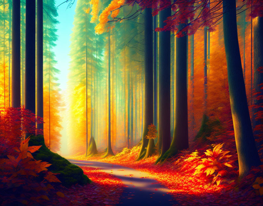 Autumn forest path with towering trees and vibrant colors