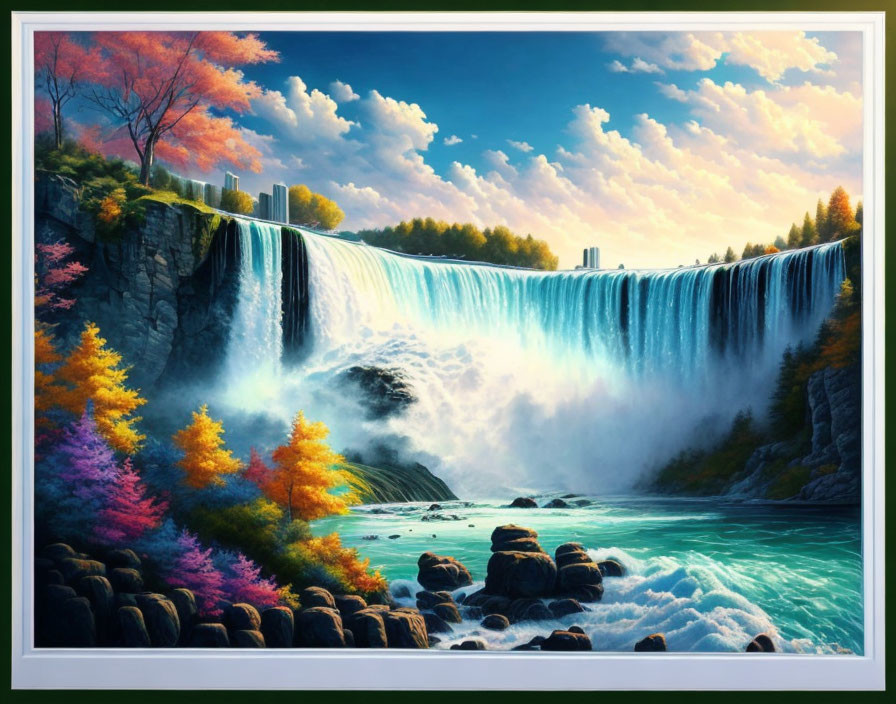 Scenic waterfall over autumn foliage and blue sky