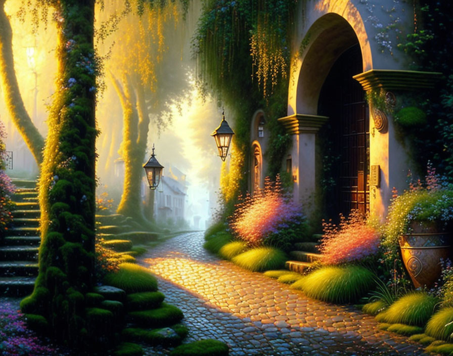 Lush cobblestone pathway with vibrant flowers and glowing street lamps