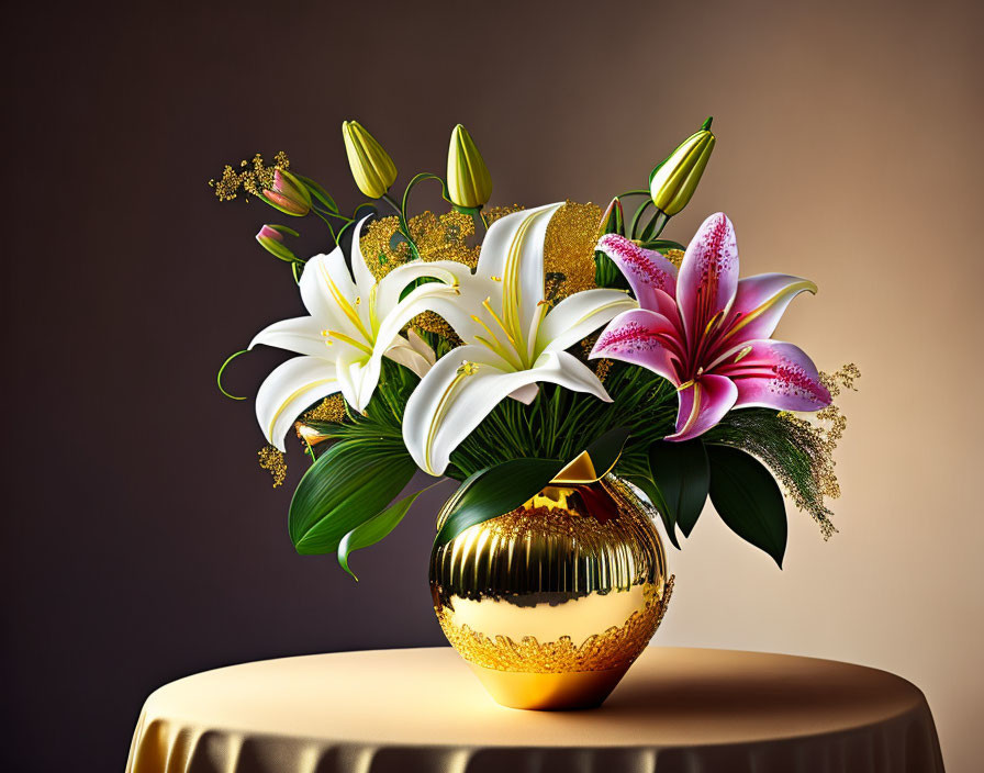 White and Pink Lily Bouquet with Golden Accents in Reflective Vase